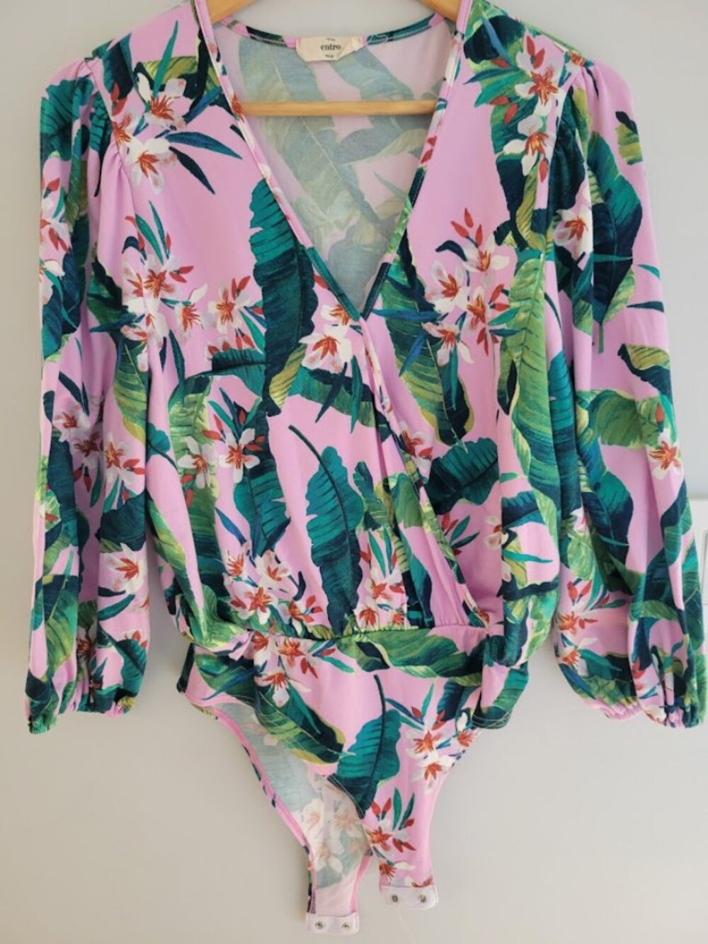 Women's Entro Bodysuit, Long-sleeve, Pink with Green floral pattern, Size M